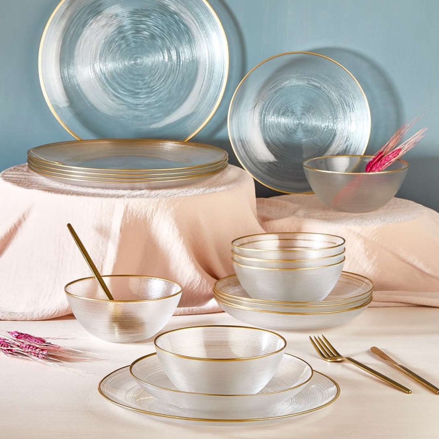 18-dielna jedálenská sada, číre sklo so zlatými detailmi