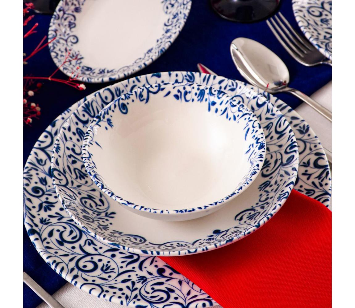 18-dielna jedálenská súprava, biela/modrá, porcelán 858CMR1332