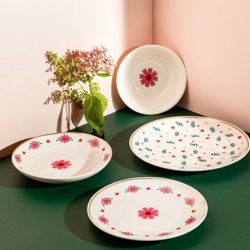24-dielna jedálenská súprava, biela/červená/zelená, porcelán