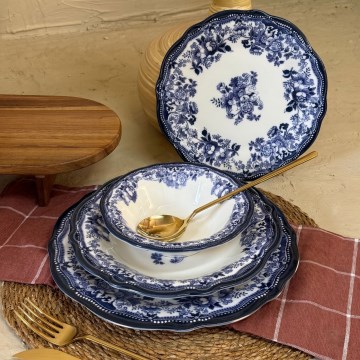 24-dielna jedálenská súprava, biela/modrá, porcelán