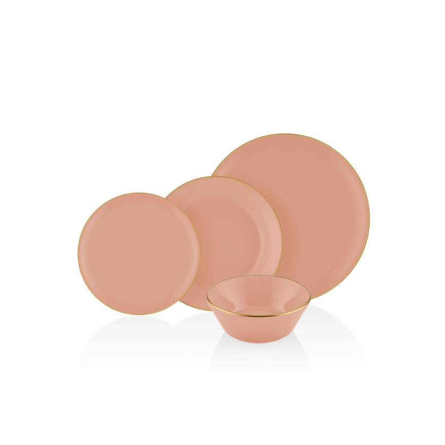 24-dielna jedálenská súprava, lososová so zlatými akcentmi, z keramiky