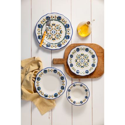 24-dielna jedálenská súprava z porcelánu, biela/modrá/žltá