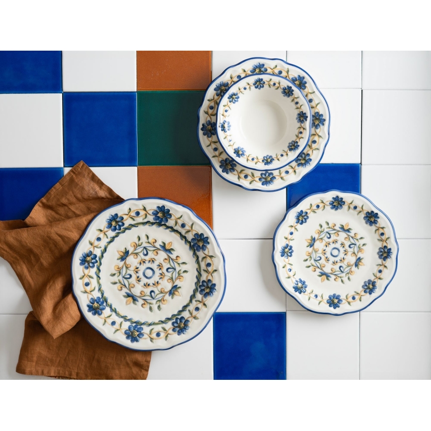 24-dielna jedálenská súprava z porcelánu, biela/modrá/žltá