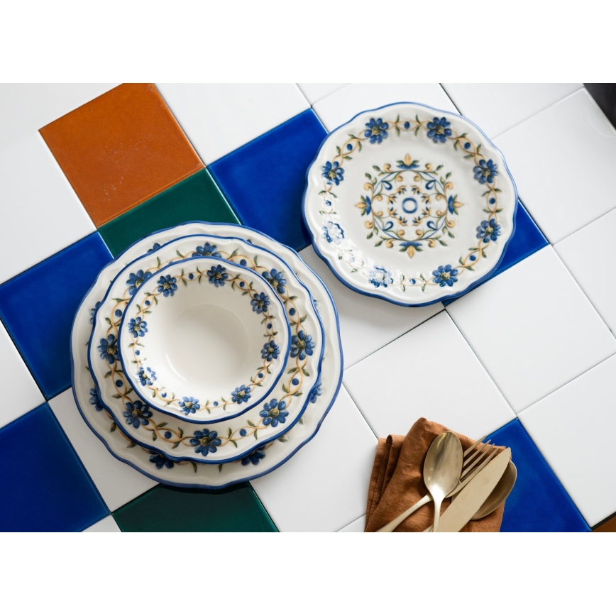24-dielna jedálenská súprava z porcelánu, biela/modrá/žltá