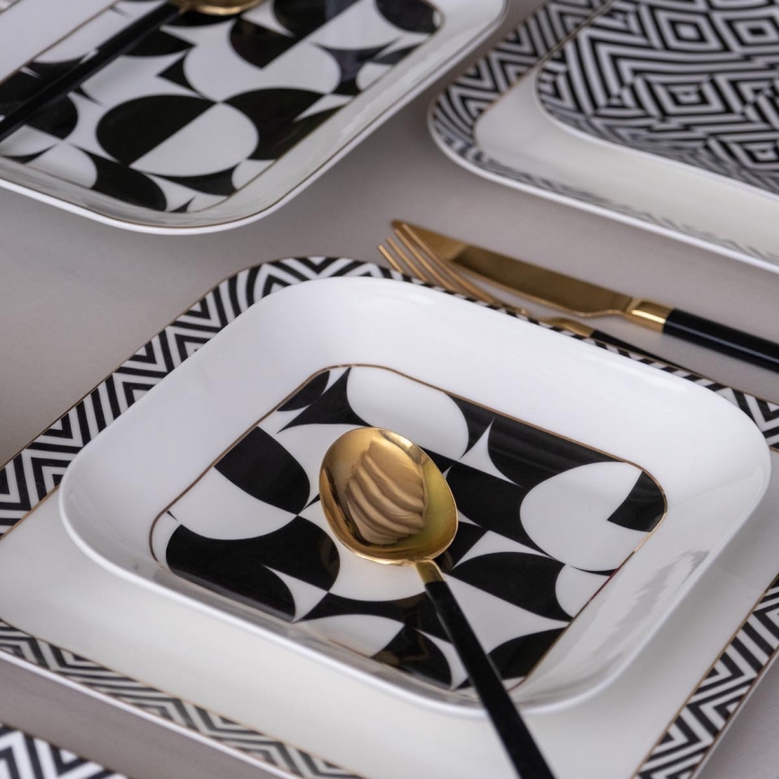 26-dielna jedálenská súprava z kvalitného porcelánu – biela/čierna