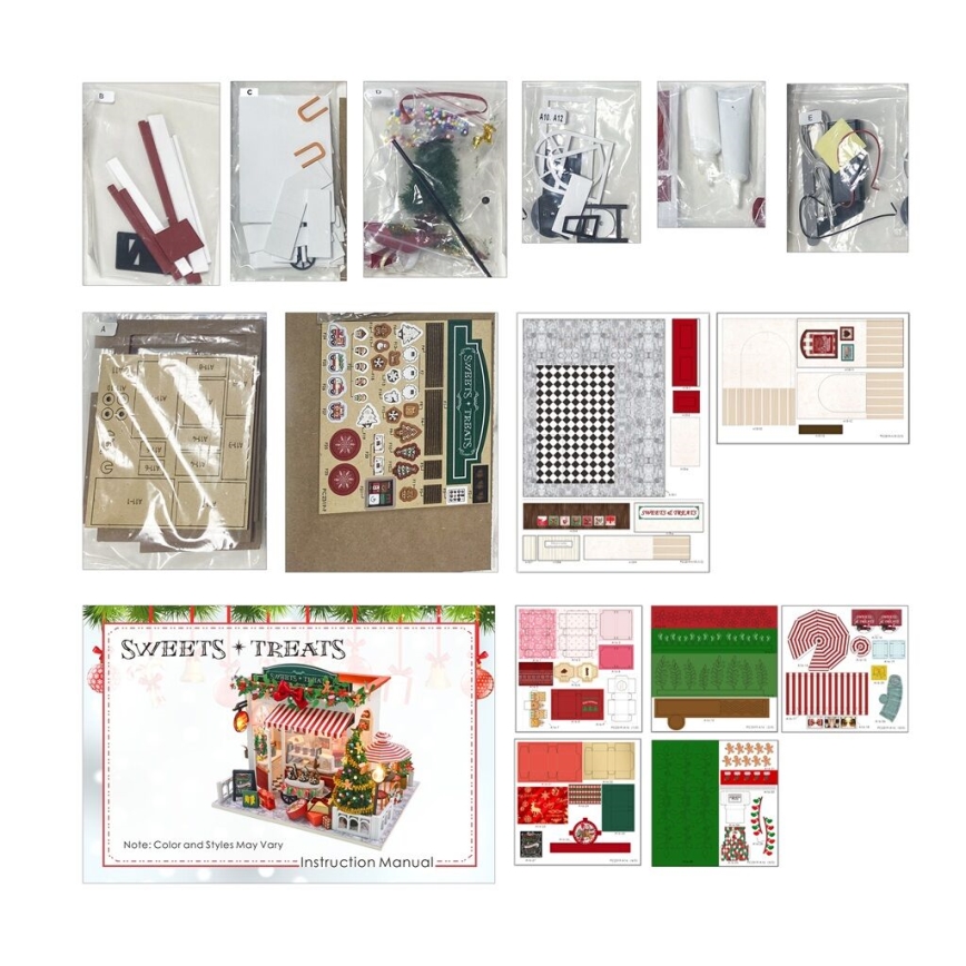 Miniatúrny domček cukrárne sa skladá. Súčasťou je návod a rôzne predrezané diely, nálepky a dekorácie.