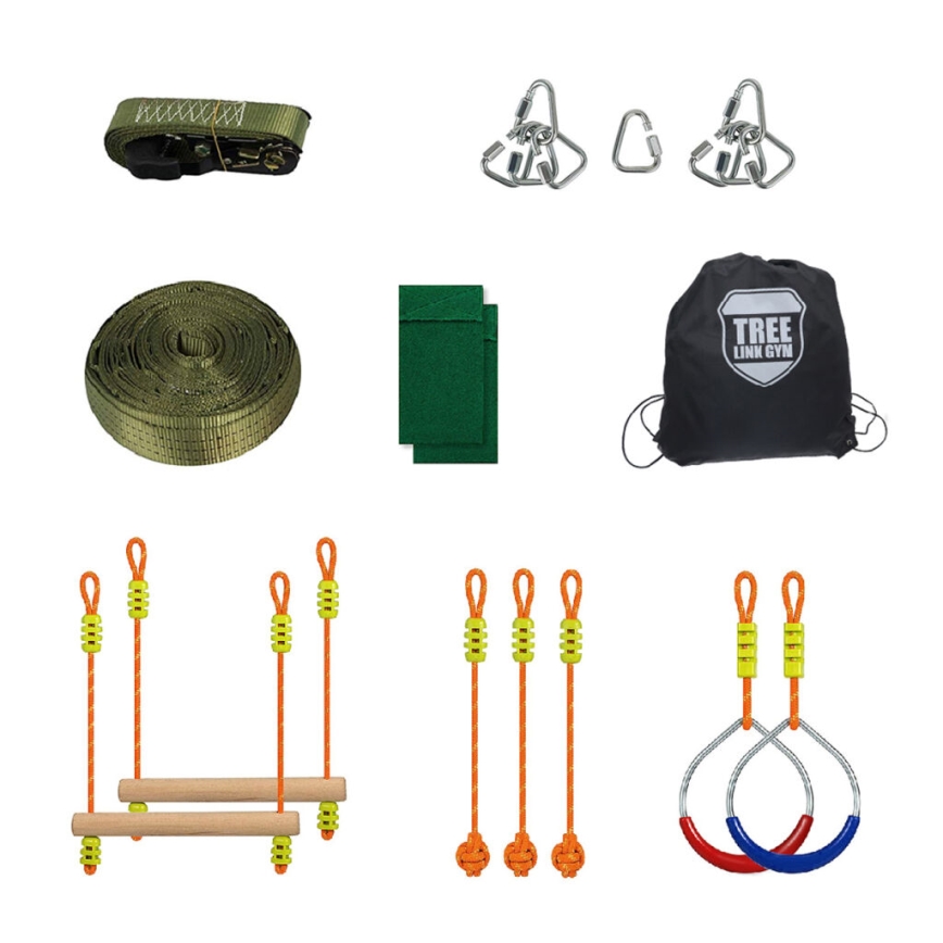 Sada pre stromové lanové ihrisko obsahuje popruhy, karabíny, lano, drevené tyče, závesné laná, krúžky a ochranné puzdro.