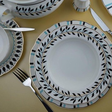 62-dielna jedálenská súprava, biela/modrá/čierna, porcelán