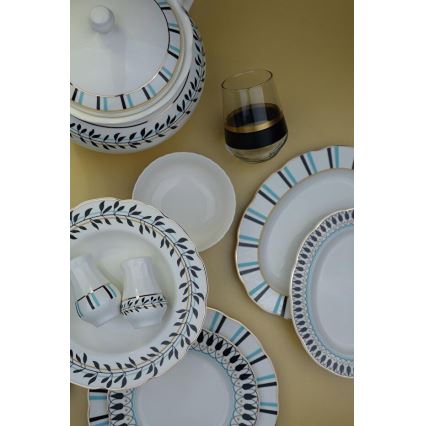 62-dielna jedálenská súprava, biela/modrá/čierna, porcelán