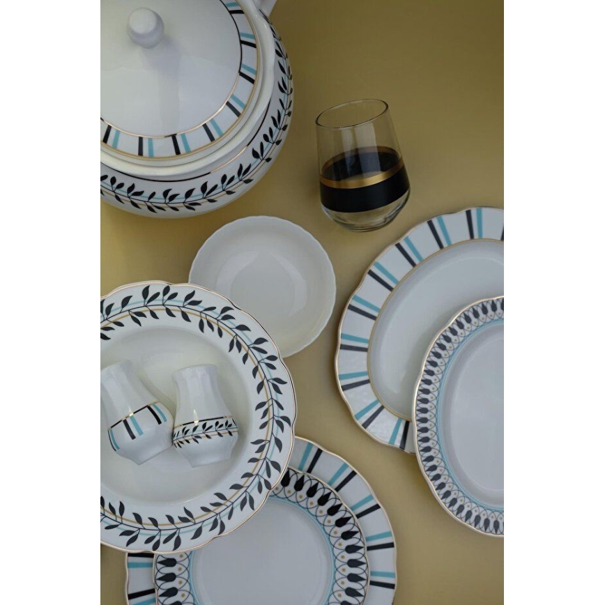 62-dielna jedálenská súprava, biela/modrá/čierna, porcelán