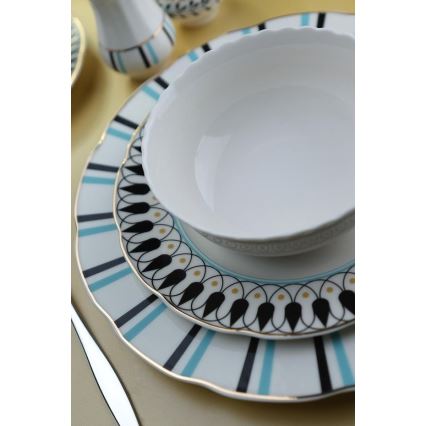 62-dielna jedálenská súprava, biela/modrá/čierna, porcelán