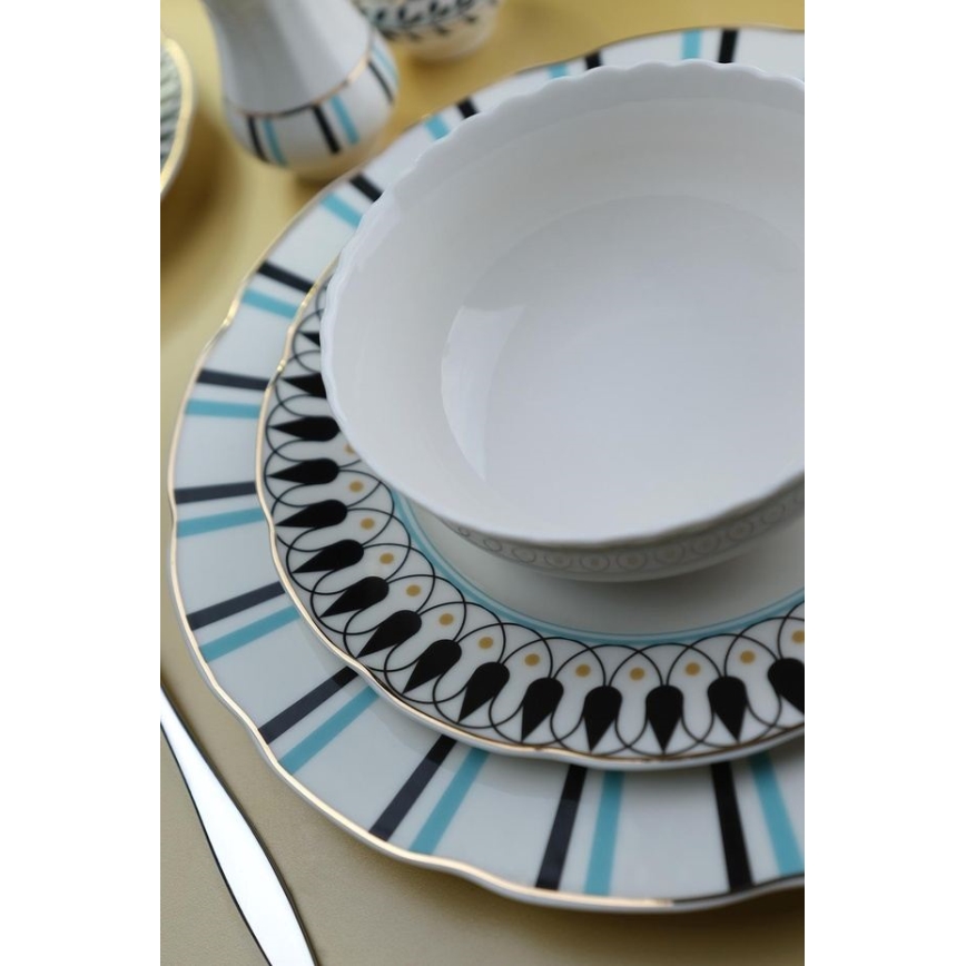 62-dielna jedálenská súprava, biela/modrá/čierna, porcelán