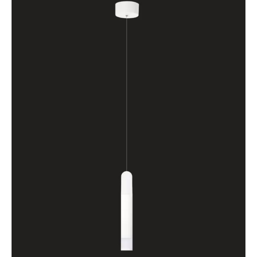 Dlhá biela valcová lampa visí z čierneho stropu na tenkom kábli. Horný koniec kábla je pripevnený k bielemu stropnému krytu.