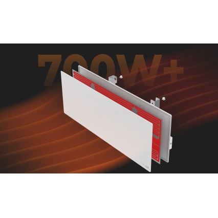 Elektrický ohrievač s výkonom 700W+ je rozložený na jednotlivé časti, zobrazujúce vnútornú konštrukciu s červenými vykurovacími prvkami. Súčasťou obrázka je aj tmavohnedé pozadie s oranžovými vlnami.