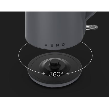 Sivá konvica AENO sa nachádza nad kruhovou základňou, ktorá umožňuje otáčanie o 360°. Základňa je tmavá.