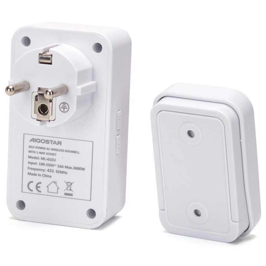 Aigostar - Bezdrôtový zvonček do zásuvky 1Z 230V IPX4 biela