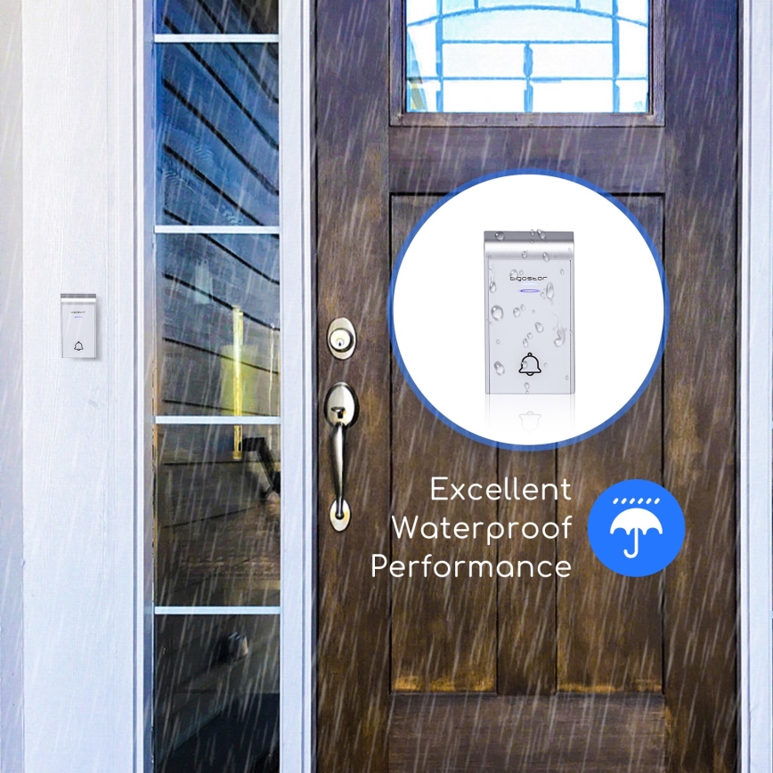 Vonkajší zvonček odolný voči vode je namontovaný na vonkajšej stene domu počas dažďa. Zobrazený je aj detail zvončeka s popisom: „Excellent Waterproof Performance“.