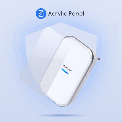 Biely zvonček s logom aigostar levituje pred ochranným štítom. Zobrazuje sa akrylový panel.