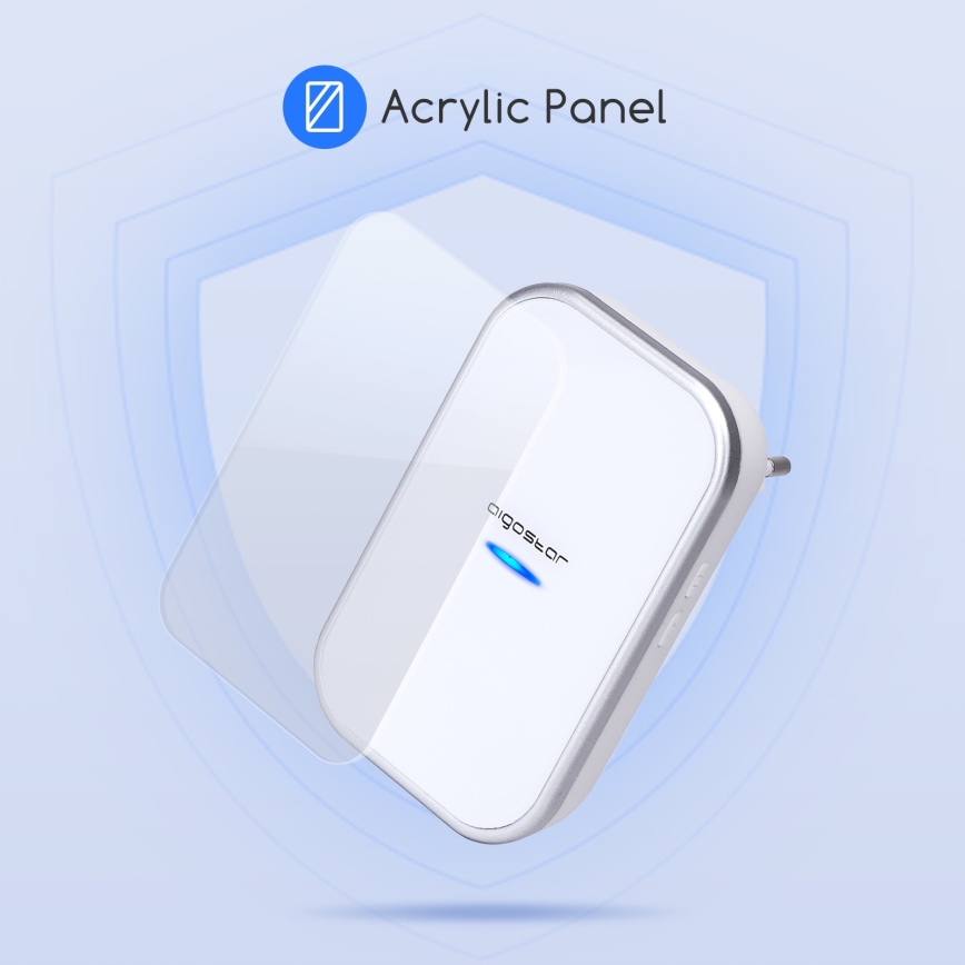 Biely zvonček s logom aigostar levituje pred ochranným štítom. Zobrazuje sa akrylový panel.