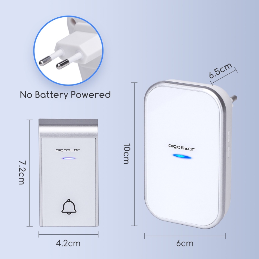 Dve bezdrôtové zvončekové jednotky, jedna väčšia, druhá menšia, zobrazujú rozmery. Menšia je prijímač, väčšia vysielač. Jednotky sú napájané zo siete, bez batérií. Text: No Battery Powered.
