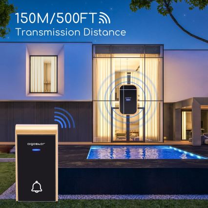 Bezdrôtový zvonček prenáša signál na vzdialenosť 150m/500ft. Zvončeková jednotka je umiestnená vonku pri bazéne moderného domu.