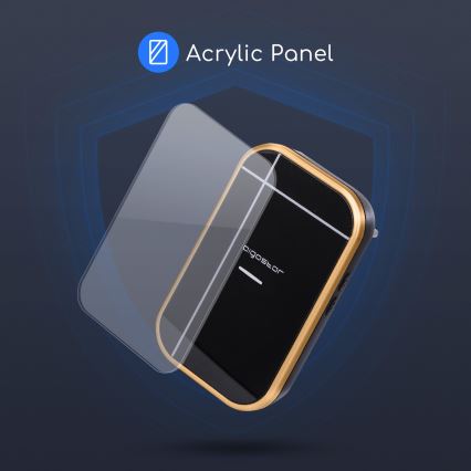 Čierny obdĺžnikový prístroj s nápisom „bigostar“ a zlatým rámom je zobrazený s priehľadnou akrylovou panelovou ochranou. Na pozadí je tmavomodrá plocha. Text „Acrylic Panel“ je tiež súčasťou obrázka.