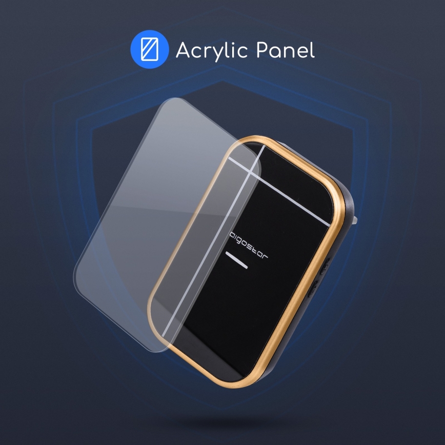 Čierny obdĺžnikový prístroj s nápisom „bigostar“ a zlatým rámom je zobrazený s priehľadnou akrylovou panelovou ochranou. Na pozadí je tmavomodrá plocha. Text „Acrylic Panel“ je tiež súčasťou obrázka.