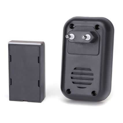 Bezdrôtový zvonček: Hlavná jednotka s reproduktorom a sieťovou zástrčkou je umiestnená vedľa malej batériovej jednotky.