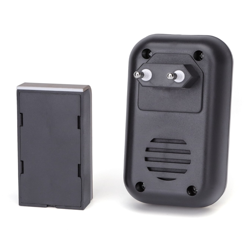 Bezdrôtový zvonček: Hlavná jednotka s reproduktorom a sieťovou zástrčkou je umiestnená vedľa malej batériovej jednotky.