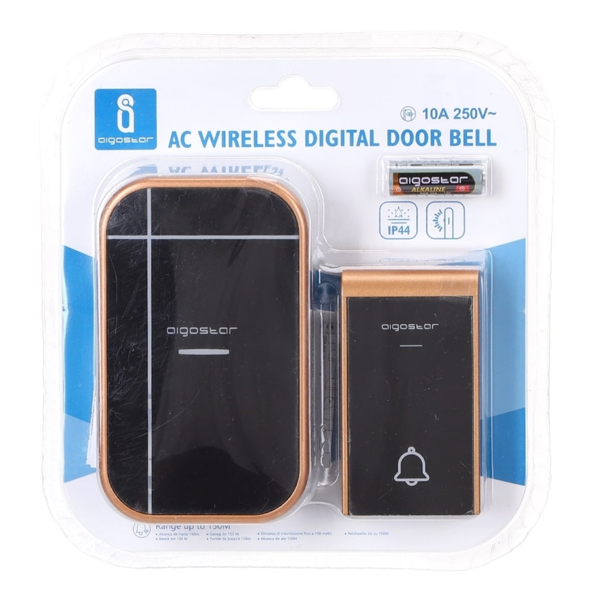 Bezdrôtový digitálny zvonček Aigostar s dvoma časťami: prijímačom a vysielačom. Prijímač je umiestnený v balení spolu s batériou. Dosah až 100m.