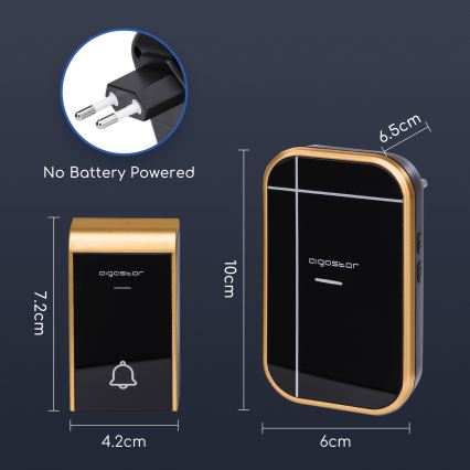 Dve bezbatériové zvony Aigostar; väčšia s rozmermi 6x10x6,5 cm, menšia 4,2x7,2 cm. Zobrazené sú rozmery a spôsob zapojenia do elektrickej siete. No Battery Powered.