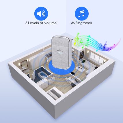 Strieborný zvonček vydáva zvuk v interiéri domu. Ponúka 3 úrovne hlasitosti a 36 zvonení. Zobrazený je v schematickej izbe.