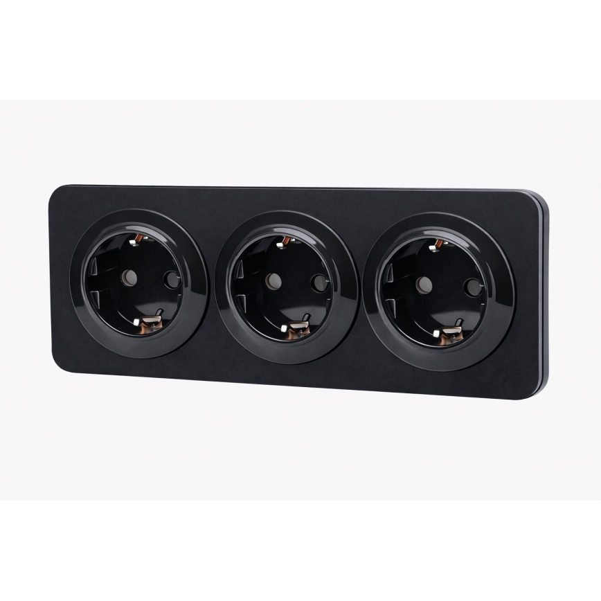Aigostar - Domová zásuvka s rámikom 3Z SCHUKO 250V/16A čierna