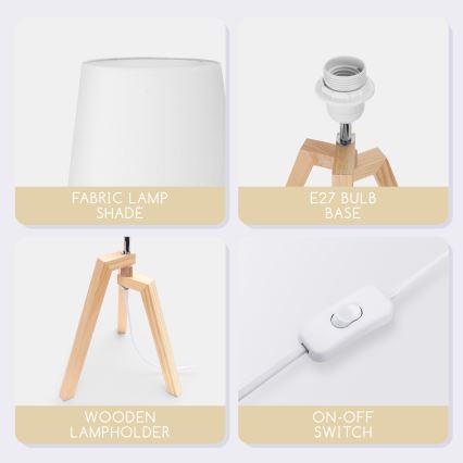 Stolová lampa s bielym textilným tienidlom, dreveným podstavcom a vypínačom na kábli. FABRIC LAMP SHADE, E27 BULB BASE, WOODEN LAMPHOLDER, ON-OFF SWITCH.