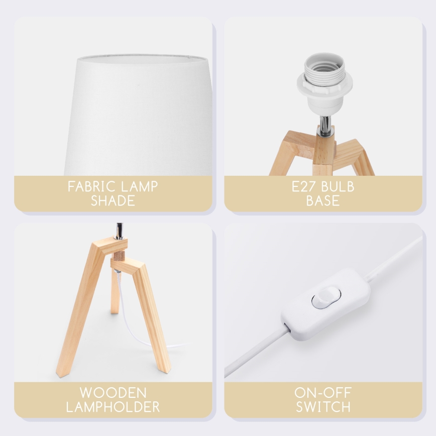 Stolová lampa s bielym textilným tienidlom, dreveným podstavcom a vypínačom na kábli. FABRIC LAMP SHADE, E27 BULB BASE, WOODEN LAMPHOLDER, ON-OFF SWITCH.