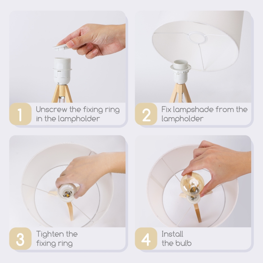 Ručné skladanie stolovej lampy: odskrutkovanie, upevnenie tienidla, utiahnutie krúžku a vloženie žiarovky.