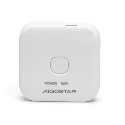 Biely štvorcový WiFi adaptér AIGOSTAR s vypínačom a označením POWER a WIFI je umiestnený na bielom pozadí.