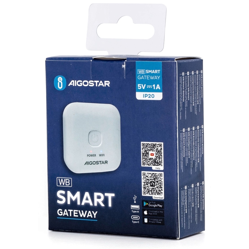 Biela štvorcová smart brána Aigostar WB sa nachádza v modrej krabici s popisom WB SMART GATEWAY, 5V--1A, IP20 a QR kódmi na stiahnutie aplikácie.