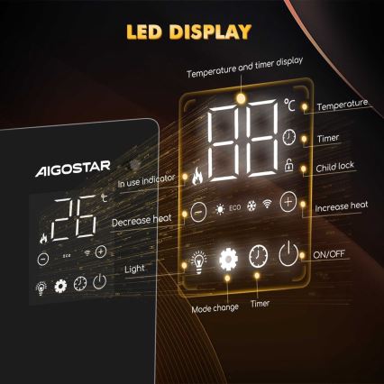 Aigostar - Inteligentný elektrický priamotop/konvektor s LCD displejom ECO/1000/2000W Wi-Fi