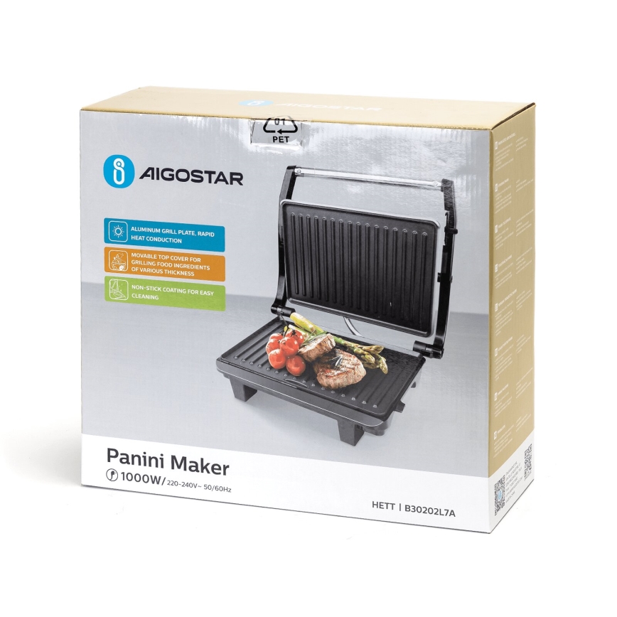 Aigostar - Kontaktný gril 1000W/230V čierna/matný chróm