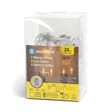 Aigostar - LED Dekoračná reťaz so štipcami 20xLED/3xAA 3,3m teplá biela