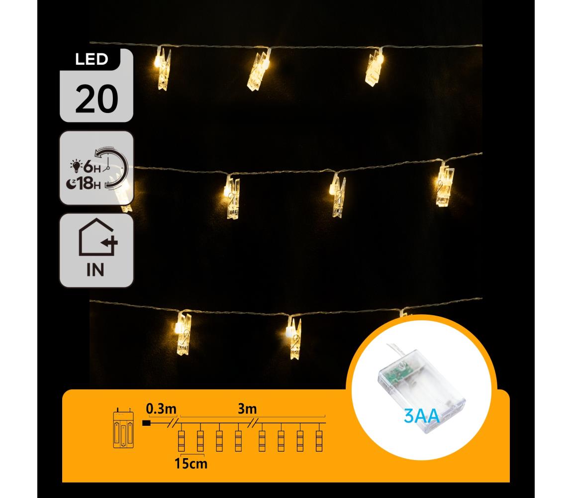 B.V. - LED dekoratívna reťaz s kolíčkami 20xLED/3xAA 3,3m teplá biela B10303Q78