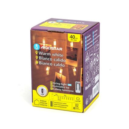 Aigostar - LED dekoratívna svetelná reťaz 40xLED/5W/USB 9 m teplá biela