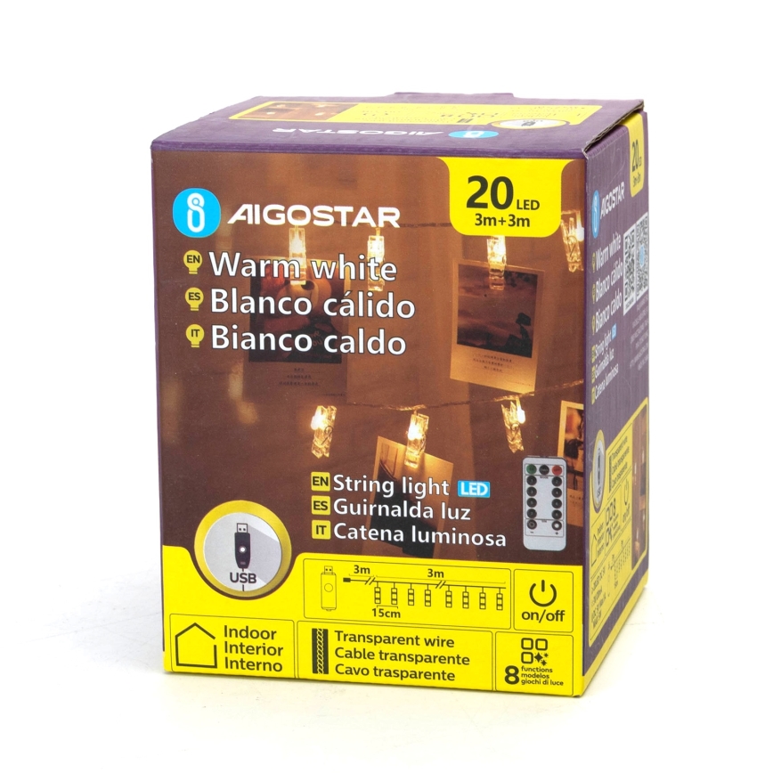 Aigostar - LED dekoratívny reťaz 20xLED/5W/USB 6 m teplá biela