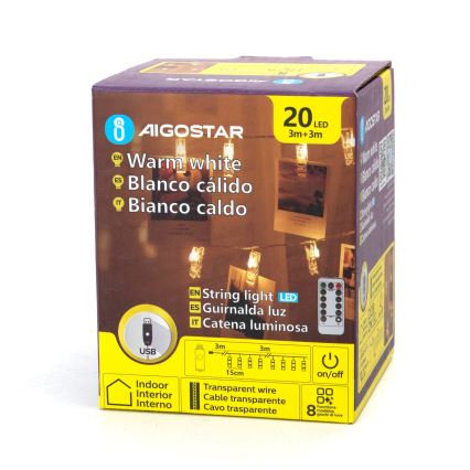 Aigostar - LED Dekoratívny reťazec 20xLED/5W/USB 6 m teplá biela