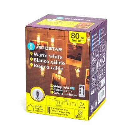 Aigostar - LED dekoratívny svetelný reťazec 80xLED/5W/USB 13 m teplá biela