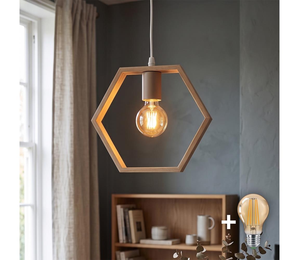 B.V.  - LED drevený luster na lane 1xE27/9W/230V 2200K borovica B10303HB5