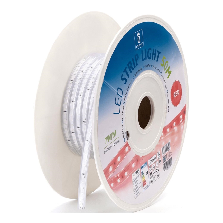 LED pásik červenej farby, navinutý na cievke, s údajmi: 7W/M, 220-240V~, 50/60Hz, 50M.