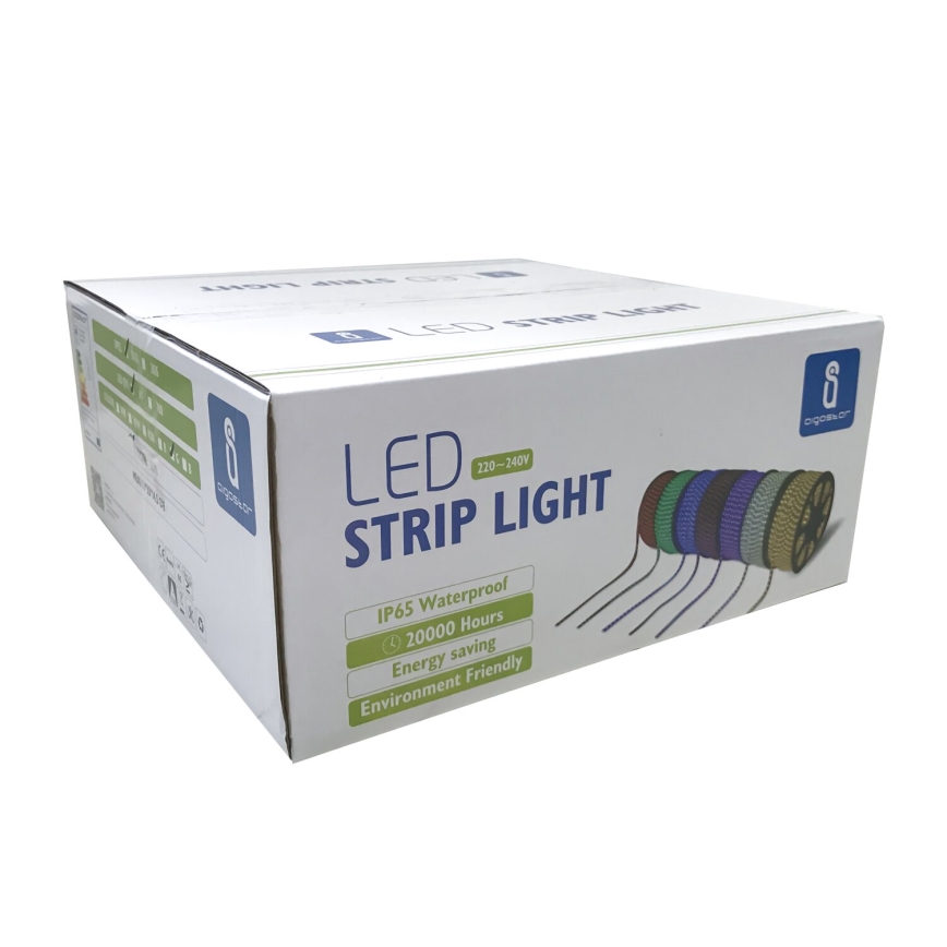 Kartónová krabica obsahuje LED pásikové osvetlenie. Pásiky sú navinuté na cievkach, rôznych farieb. Na krabici je uvedené: LED STRIP LIGHT, 120-240V, IP65 Waterproof, 20000 Hours, Energy saving, Environment Friendly.