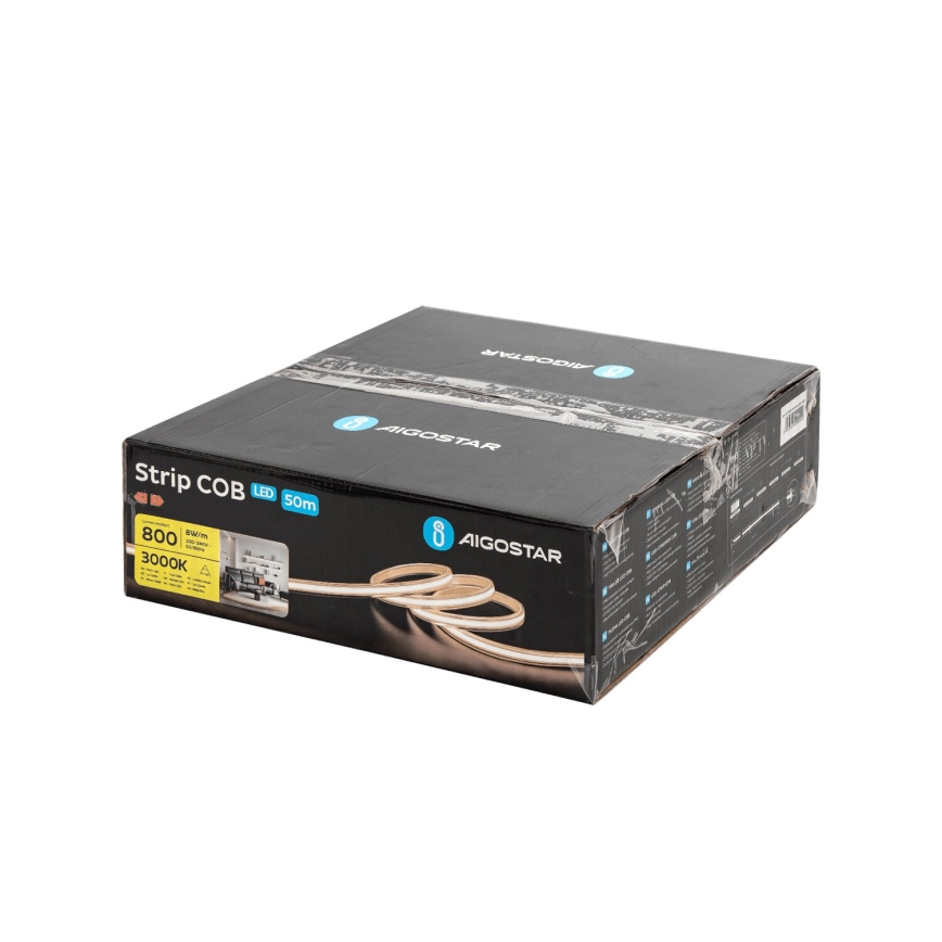 LED páska v kartónovej krabici. Krabica zobrazuje pásku a technické parametre: Strip COB LED 50m, 800 lm, 3000K, Aigostar.